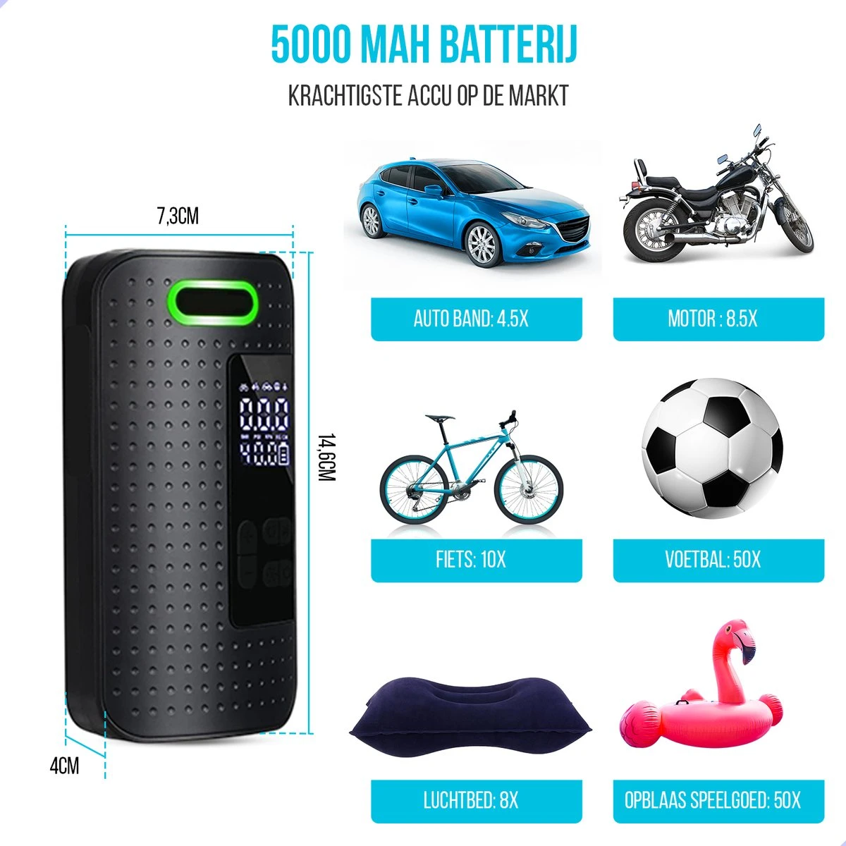 Westhome Luchtcompressor Bandenpomp - Elektrische Fietspomp- 5-in-1 - Zwart 13 Westhome Luchtcompressor Bandenpomp - Elektrische Fietspomp- 5-in-1 - Zwart - Afbeelding 11