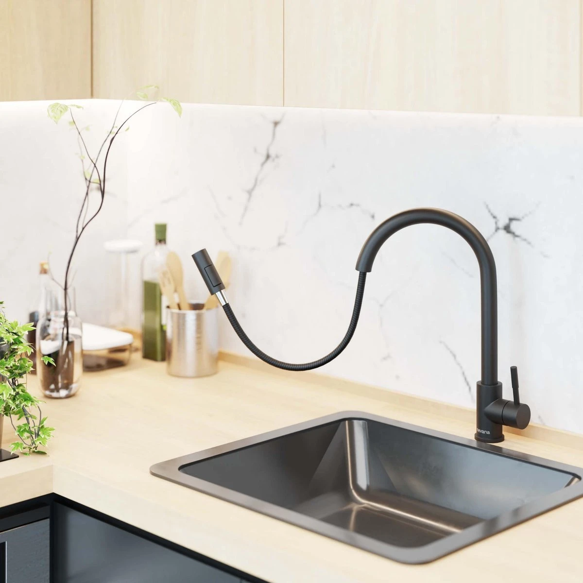 Keukenkraan Met Uittrekbare Uitloop - Handdouche - Uittrekbaar - Mengkraan - Zwart - RVS 4 Keukenkraan Met Uittrekbare Uitloop - Handdouche - Uittrekbaar - Mengkraan - Zwart - RVS - Afbeelding 2