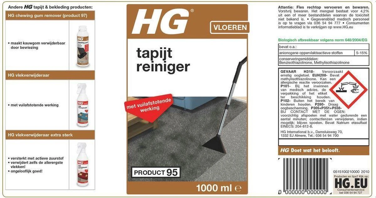 HG Tapijtreiniger (product 95) - 1L - Vuilafstotend Effect - Ook Geschikt Voor Bekleding 6 HG Tapijtreiniger (product 95) - 1L - Vuilafstotend Effect - Ook Geschikt Voor Bekleding - Afbeelding 4