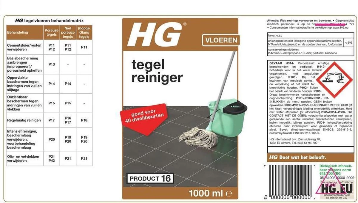 HG Tegelreiniger - 1L - Geconcentreerde Dweilreiniger - Voor Alle Soorten Ongeglazuurde, Keramische Tegelvloeren - Voor 40 Dweilbeurten 4 HG Tegelreiniger - 1L - Geconcentreerde Dweilreiniger - Voor Alle Soorten Ongeglazuurde, Keramische Tegelvloeren - Voor 40 Dweilbeurten - Afbeelding 2