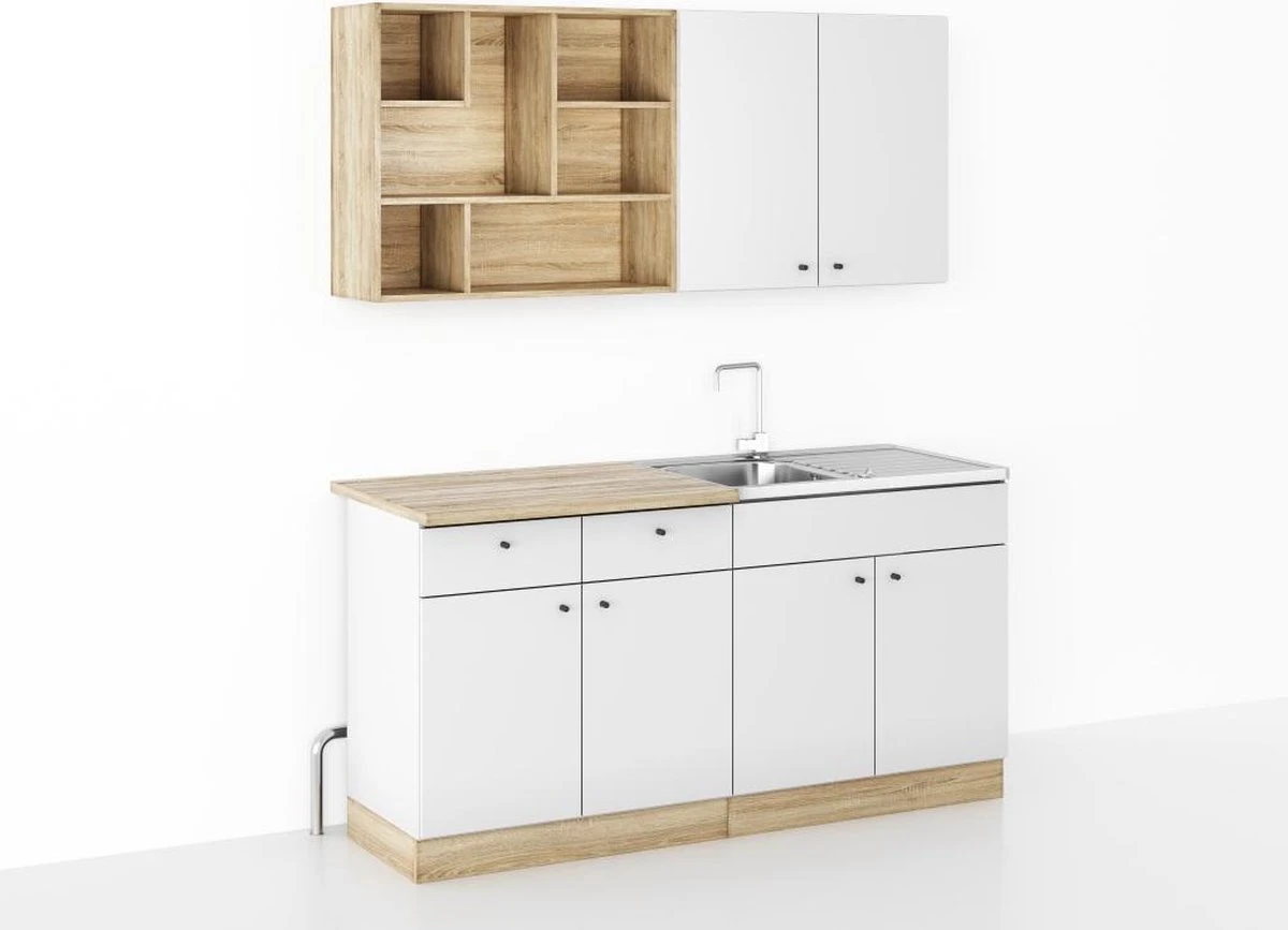 Kleine Keuken 160 Cm – Moderne Witte Keuken – Keukenblok Met Spoelbak & Sifon – Keuken Klein – Mini Keuken – Perfecthomeshop 8 Kleine Keuken 160 Cm – Moderne Witte Keuken – Keukenblok Met Spoelbak & Sifon – Keuken Klein – Mini Keuken – Perfecthomeshop - Afbeelding 6