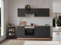 Goedkope Keuken 210 Cm - Complete Keuken Met Apparatuur Gerda - Beuken/Grijs - Elektrische Kookplaat - Afzuigkap - Oven - Spoelbak