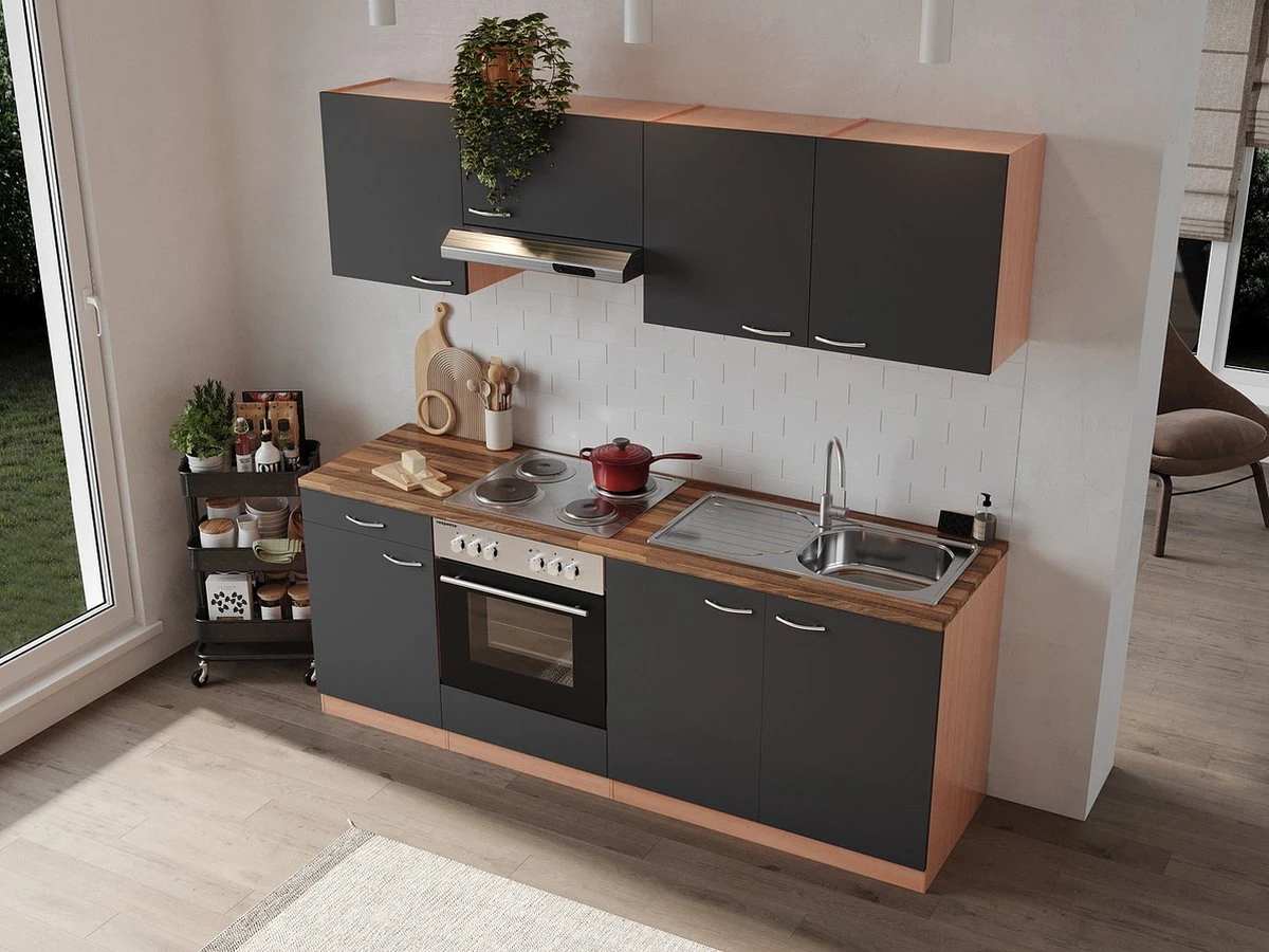 Goedkope Keuken 210 Cm - Complete Keuken Met Apparatuur Gerda - Beuken/Grijs - Elektrische Kookplaat - Afzuigkap - Oven - Spoelbak 4 Goedkope Keuken 210 Cm - Complete Keuken Met Apparatuur Gerda - Beuken/Grijs - Elektrische Kookplaat - Afzuigkap - Oven - Spoelbak - Afbeelding 2
