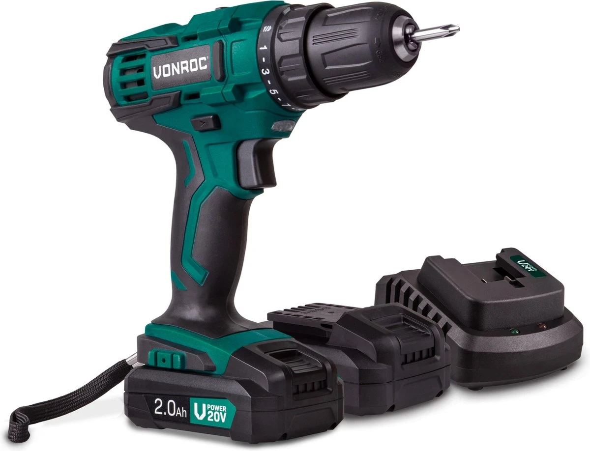 VONROC Accuboormachine – VPower 20V – Complete Set Met 2x 2.0Ah Accu, Sneloplader, Bits & Opbergtas 4 VONROC Accuboormachine – VPower 20V – Complete Set Met 2x 2.0Ah Accu, Sneloplader, Bits & Opbergtas - Afbeelding 2