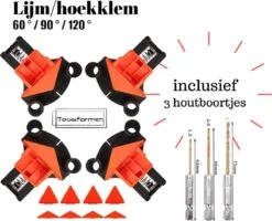 Houtklem Set 4 St 60/90/120 Graden-Lijmklem-Haakse Klemmen-Houtgereedschap-Toolsformen-inclusief 3 Houtboortjes
