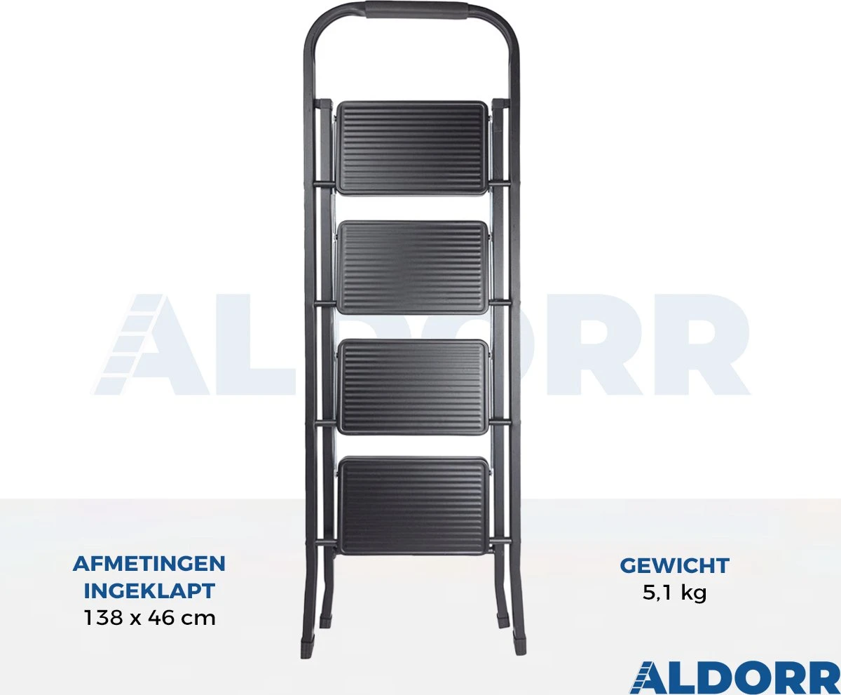 ALDORR Huishoudtrap 4 Treden - Keukentrap Inklapbaar - Zwart - PP-Antislip - Max. Werkhoogte 93cm 6 ALDORR Huishoudtrap 4 Treden - Keukentrap Inklapbaar - Zwart - PP-Antislip - Max. Werkhoogte 93cm - Afbeelding 4