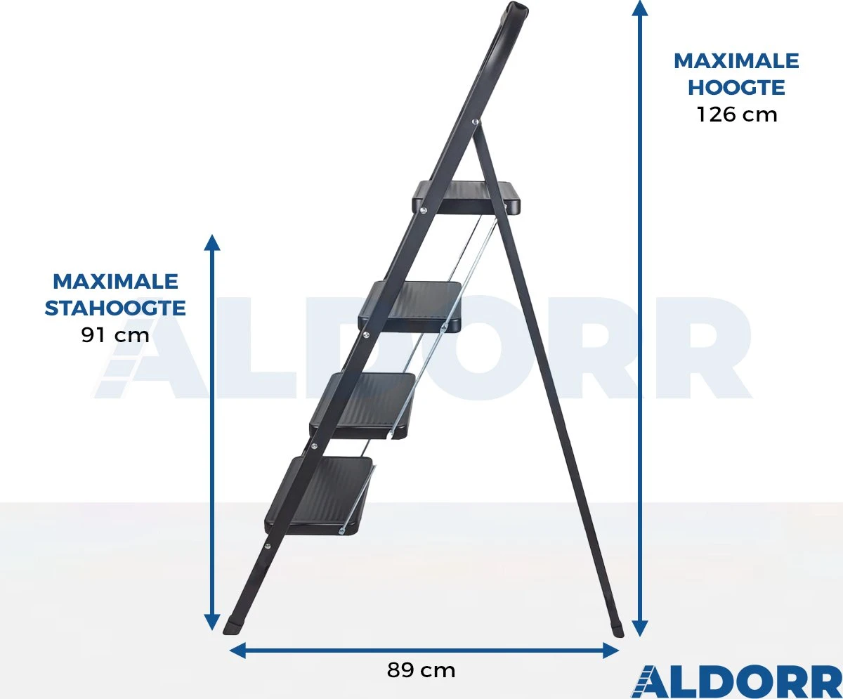 ALDORR Huishoudtrap 4 Treden - Keukentrap Inklapbaar - Zwart - PP-Antislip - Max. Werkhoogte 93cm 5 ALDORR Huishoudtrap 4 Treden - Keukentrap Inklapbaar - Zwart - PP-Antislip - Max. Werkhoogte 93cm - Afbeelding 3