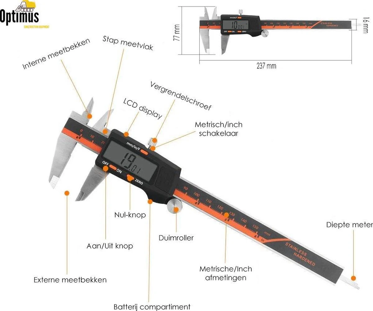 Optimus Professionele Digitale Schuifmaat Met Handige Opbergcase - Incl. Extra Batterijen - RVS - 150mm Meetbereik 11 Optimus Professionele Digitale Schuifmaat Met Handige Opbergcase - Incl. Extra Batterijen - RVS - 150mm Meetbereik - Afbeelding 9