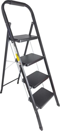 ALDORR Huishoudtrap 4 Treden - Keukentrap Inklapbaar - Zwart - PP-Antislip - Max. Werkhoogte 93cm