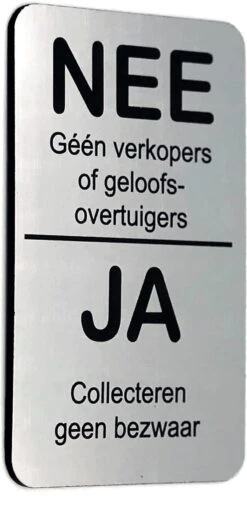 NEE Geen Verkopers Of Geloofsovertuigers JA Collecteren Geen Bezwaar - Brievenbus Sticker - RVS Look - Zelfklevend - 50 Mm X 80 Mm X 1,6 Mm - YFE-Design