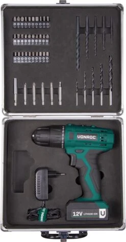 VONROC Accuboormachine – 12V Li-Ion – Incl. Aluminium Opbergkoffer, 46 Accessoires, 1x Accu & Lader -WerkPro Verkoopwinkel 629x1200