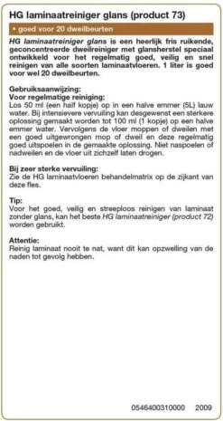HG Laminaatreiniger Glans (product 73) - 1L - Geschikt Voor Alle Laminaatsoorten - Goed Voor 20 Dweilbeurten -WerkPro Verkoopwinkel 637x1200 4