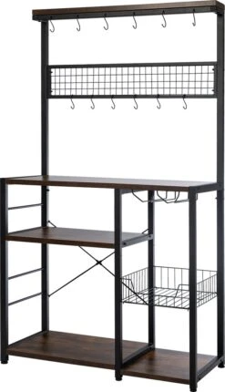 Homimaster Keukenkast-Industrieel Keukenonderkasten Met 12 Haken - Groot Vrijstaand Keukenplank Voor Magnetron En Kookgerei - Afmetingen 90 X 40 X 160 Cm - Vintage Bruin En Zwart