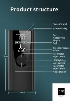 GTP Draagbare Luchtcompressor - Elektrische Bandenpomp - Luchtcompressor Oplaadbaar - Fiets Motor Auto En Ballen - Powerbank - Zaklamp -WerkPro Verkoopwinkel 836x1200 2