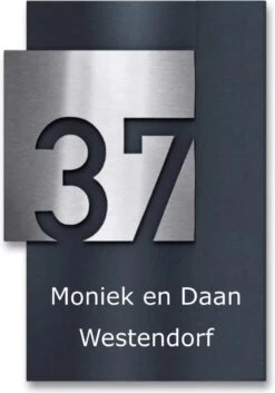 Zwart Naambordje Voordeur Met Opliggende Rvs Kleur Huisnummerbord 17x25cm
