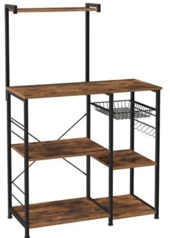 Merkloos Keukenplank, Staande Plank Met Metalen Mand, Bakkerijplank Met 6 S-haken En Planken, Magnetronplank, Kruidenrek, Voor Potten En Pannen, Industrieel Ontwerp, Vintage Bruin-zwart KKS35X