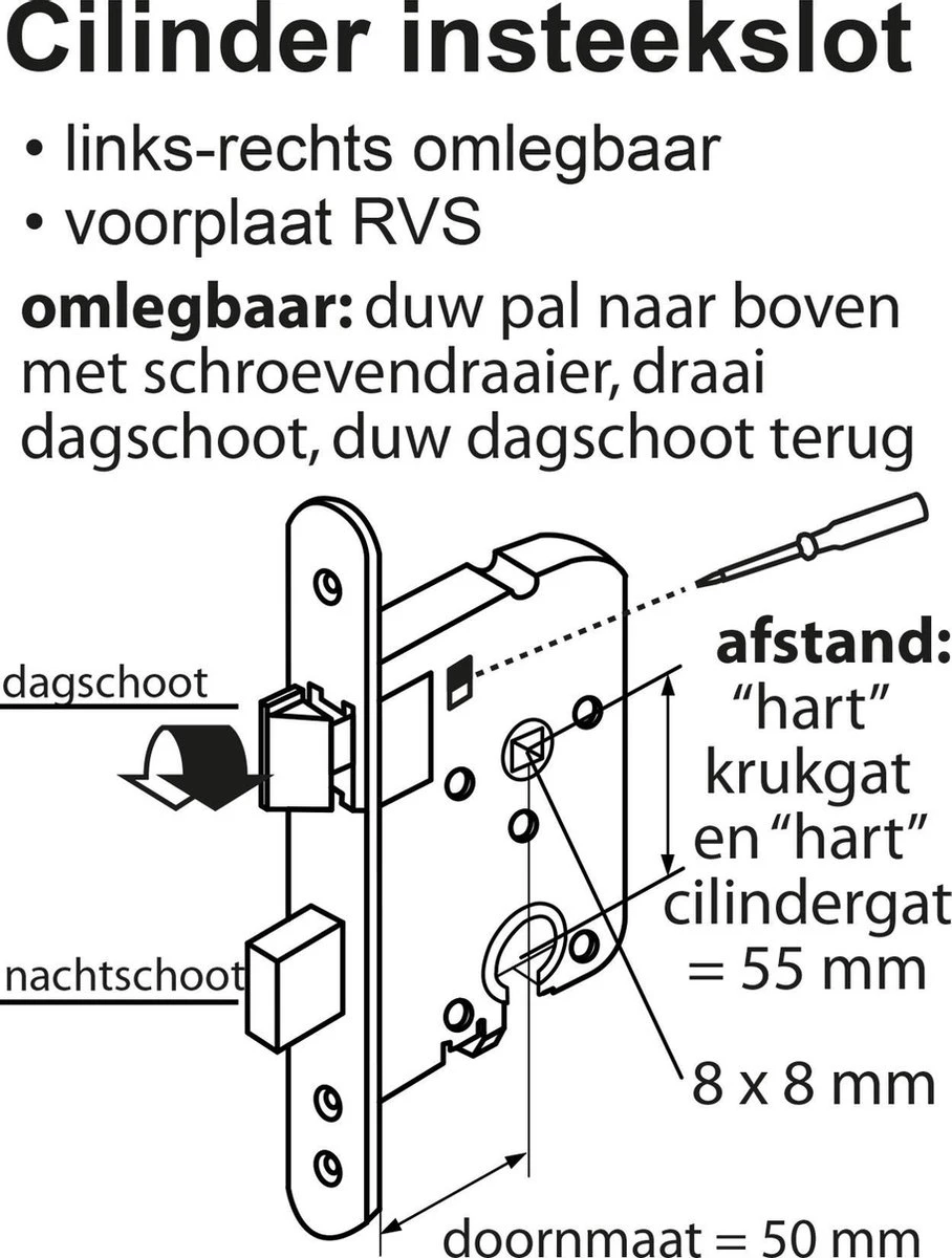 Starx Cilinderslot – Loopslot – Insteekslot Met Voorplaat RVS – Deurslot – 50 X 55 Mm 4 Starx Cilinderslot – Loopslot – Insteekslot Met Voorplaat RVS – Deurslot – 50 X 55 Mm - Afbeelding 2