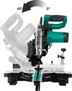 VONROC Compacte Afkortzaag - Kapzaag - Verstekzaag 2200W - Ø216mm – 5200 /min – Demonteerbare Verstekarm - Trekfunctie - Verstelbare Tafelverbreders – Kantelbaar (0-45°) – Lengtestop – Diepteregeling - Laser & LED – Incl. Zaagblad & Werkstukklem -WerkPro Verkoopwinkel 946x1200 2