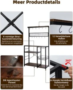Homimaster Keukenkast-Industrieel Keukenonderkasten Met 12 Haken - Groot Vrijstaand Keukenplank Voor Magnetron En Kookgerei - Afmetingen 90 X 40 X 160 Cm - Vintage Bruin En Zwart -WerkPro Verkoopwinkel 964x1200 1